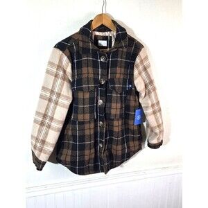 Hurley Plaid Shacket Jacket Womens Small Brown Black Cream Quilted Lined NWT